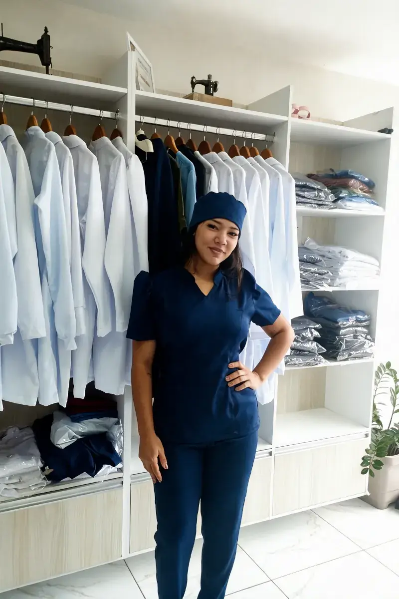 Cliente de scrub e touca azul-marinho na loja, em frente às araras de jalecos