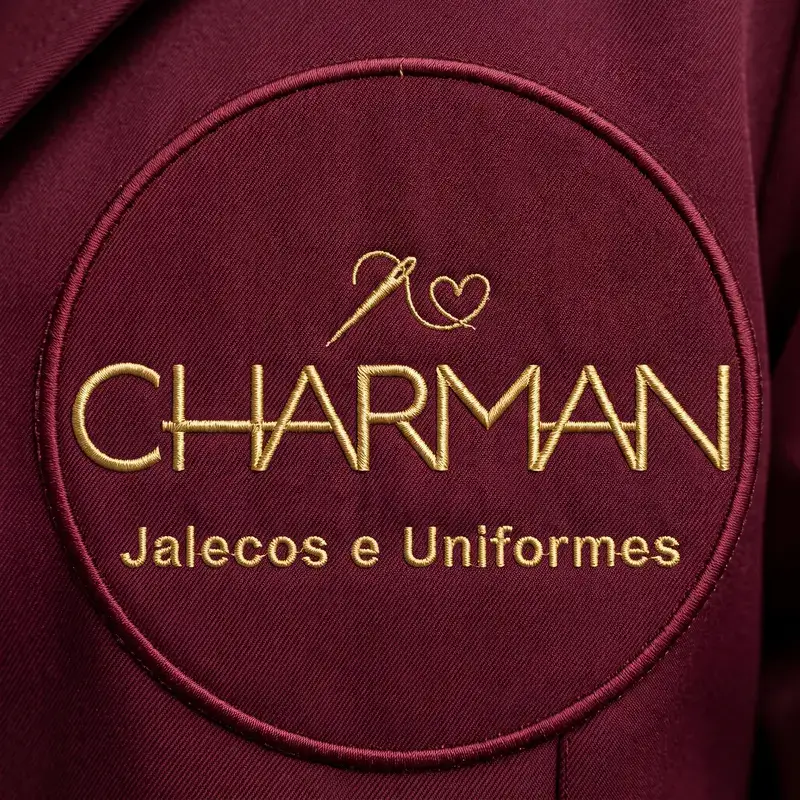Logo da Charman bordado em dourado sobre tecido vinho
